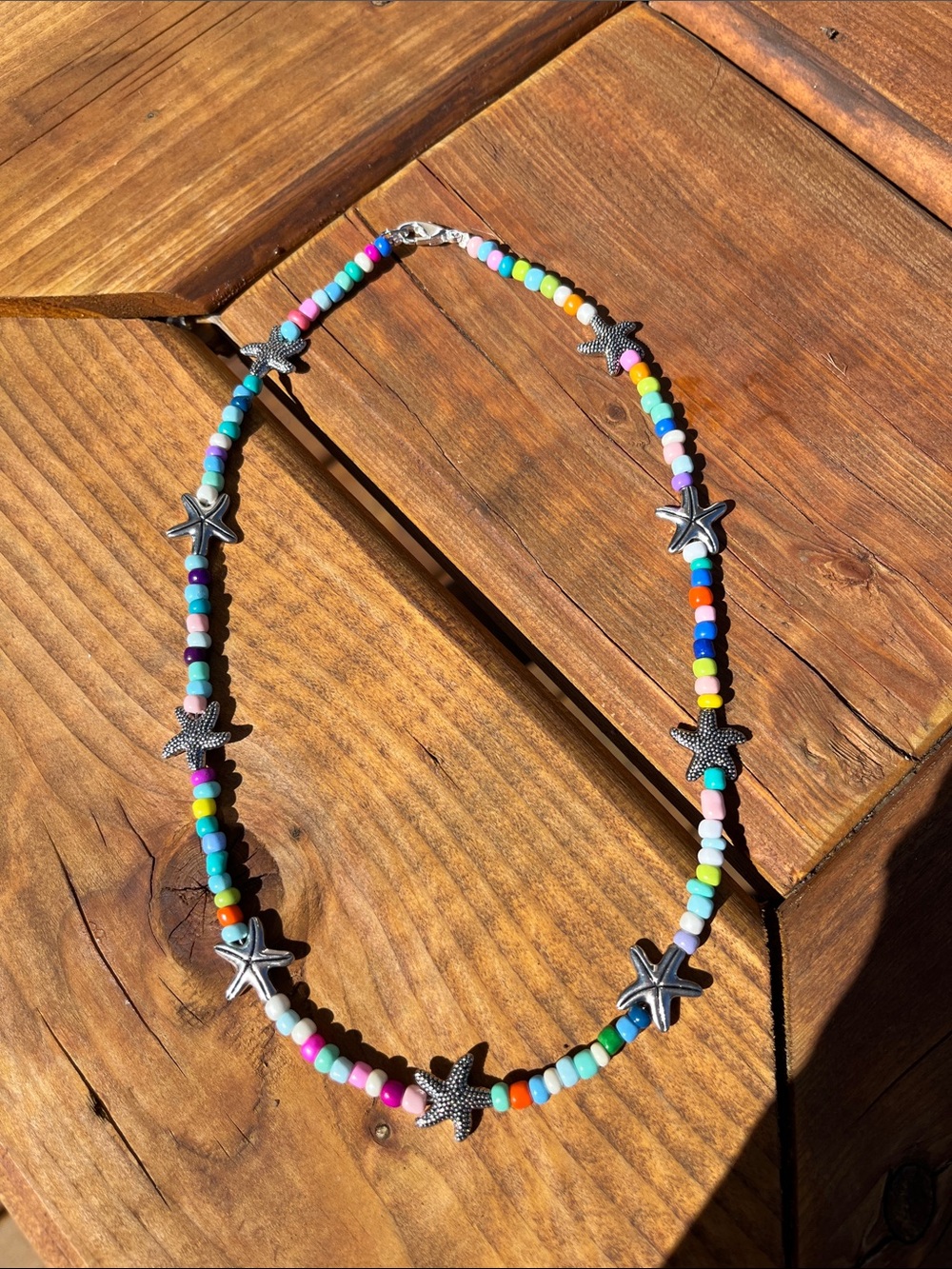 Colourful silver starfish beaded handmade necklace